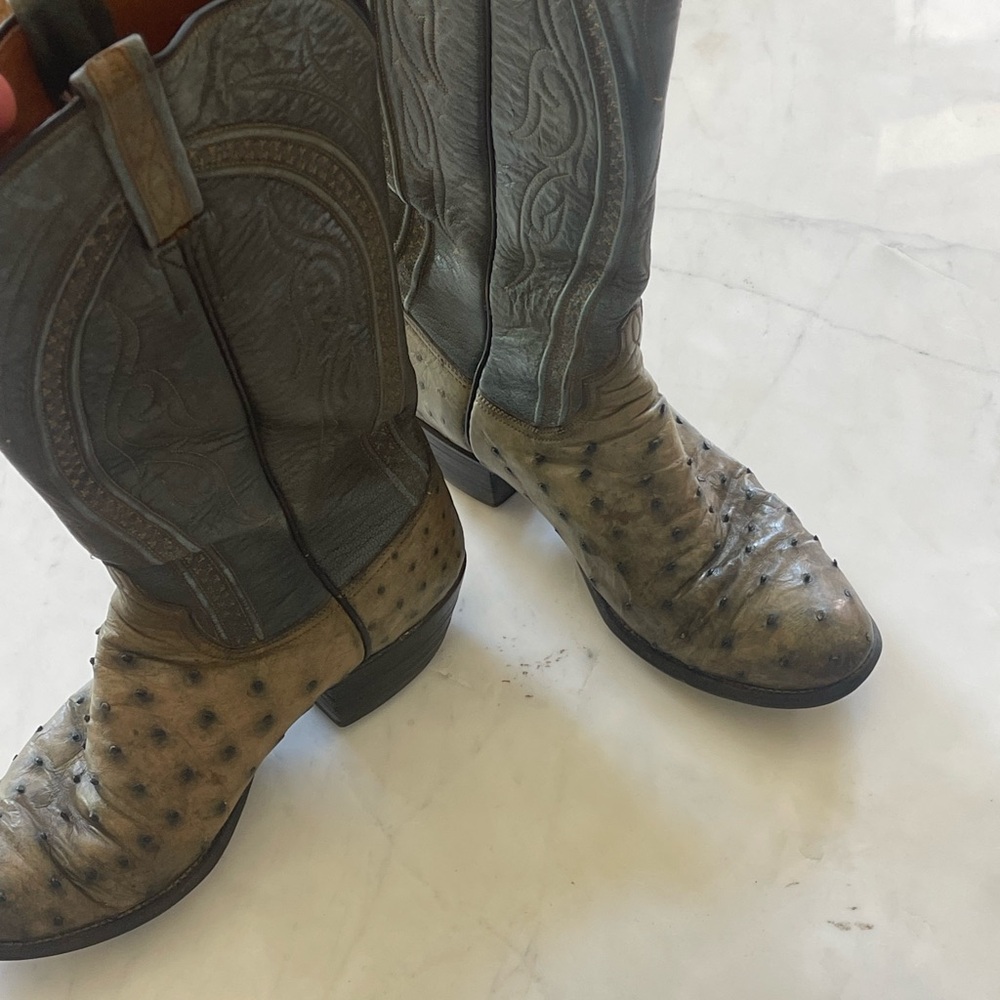 Lucchese Two-Tone Green Ostrich Heeled Cowboy Boots - Picture 13 of 14